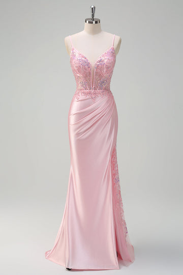 Paillettes scintillantes Robe de bal corset froncée rose clair sirène avec fente